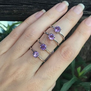 Genuine Amethyst Round Dainty Stackable Ring Purple Amethyst 4 Prong Silver Ring Purple Gemstone Ring February Birthstone Ring image 8