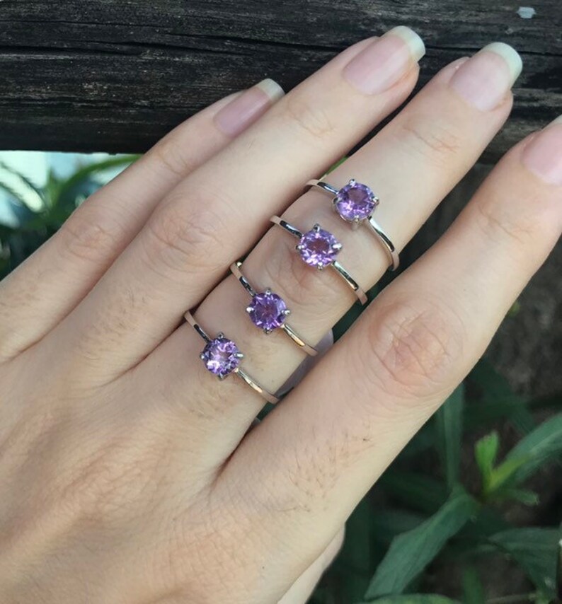Genuine Amethyst Round Dainty Stackable Ring Purple Amethyst 4 Prong Silver Ring Purple Gemstone Ring February Birthstone Ring image 8