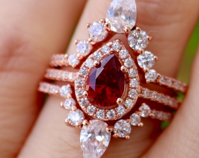 Teardrop Red Garnet Halo Bridal 3 Ring Set in Solid 14k 18k Gold