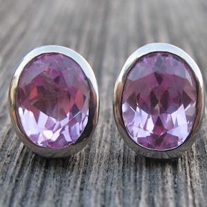 Pink Cubic Zirconia Stud Earring Pink Topaz Oval Silver Earring Pink Quartz Bezel Earring Pink Gemstone Classic Stud Earring image 1