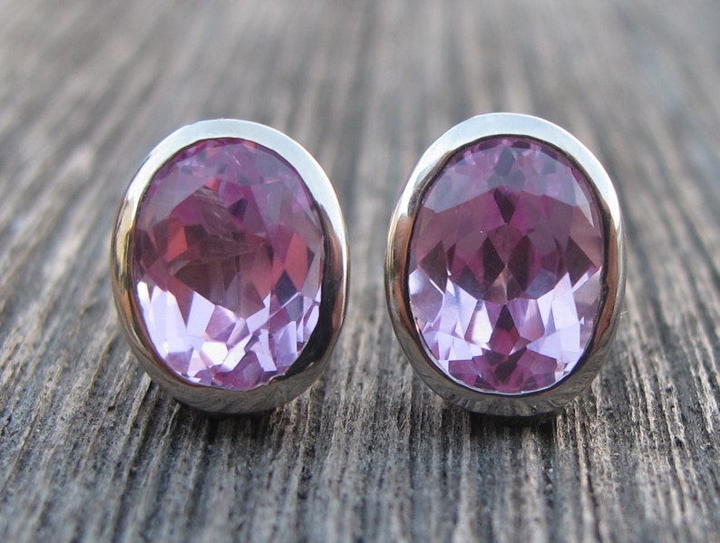 Pink Cubic Zirconia Stud Earring Pink Topaz Oval Silver Earring Pink Quartz Bezel Earring Pink Gemstone Classic Stud Earring image 1