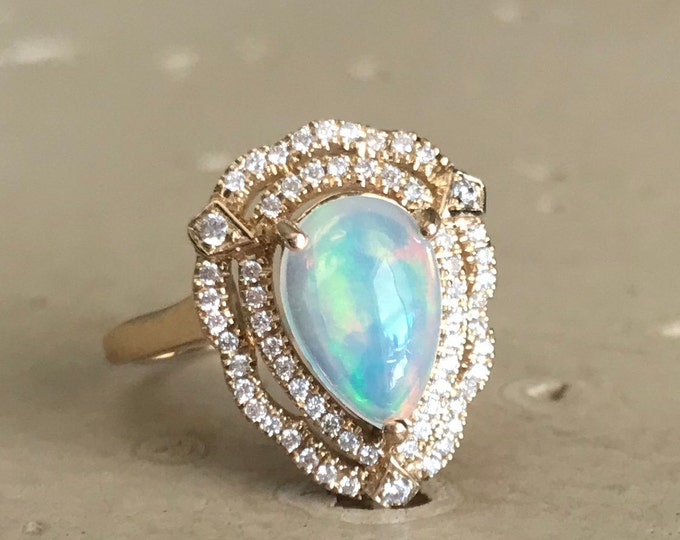 Large Pear Opal Vintage Double Halo Engagement 14k Ring-Natural Rainbow Cabochon Opal Teardrop Solitaire Deco October Birthstone 18k Ring