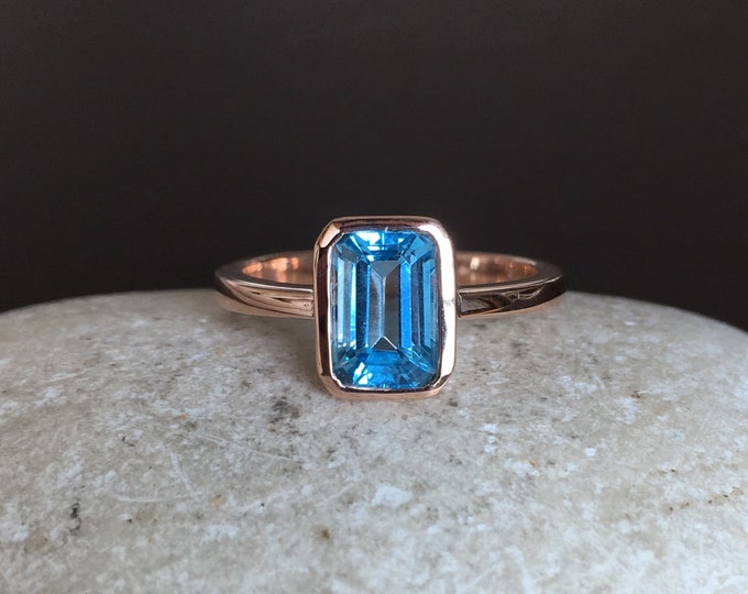 3ct Emerald Cut Swiss Blue Topaz Ring- Rectangle Blue Stone Rose Gold Ring- December Birthstone Ring- Something Blue Promise Ring