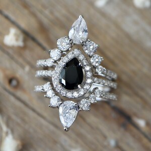 Teardrop Black Onyx Halo Bridal 3 Ring Set Pear Black Engagement Ring Set Black Spinel Ring w/2 Wedding Band image 5