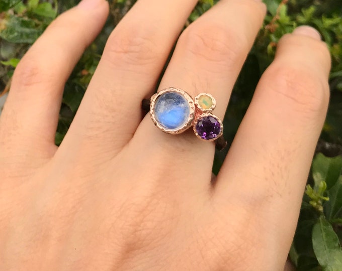 Moonstone Amethyst Opal Cluster Rustic Ring- MultiStone Birthstone Ring-Gothic Statement Black Unique Ring- June October February Ring