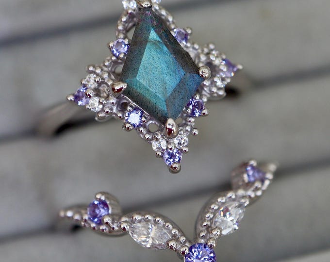 Kite Labradorite Lace Halo Engagement Sterling Silver Vintage Rings- Marquise Gemstone Wedding 2 Ring Set- Iridescent Anniversary Rings