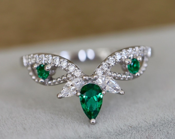 Green Emerald Wedding Vintage Milgrain 10k Gold Band- Deco Dark Green Emerald Antique 14k Rose Gold Band- Enhancer Guard 18k White Band