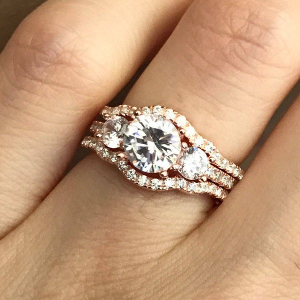 Rose Gold Bridal Set Ring- Three Stone Engagement Ring Set- Brilliant Promise 3 Ring Set- Wedding Ring Set- Colorless Diamond Simulant Ring