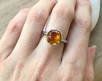 Round Citrine Sterling Silver Ring- November Birthstone Stackable Ring- Yellow Orange Gemstone Bezel Ring- Simple Minimalist Ring