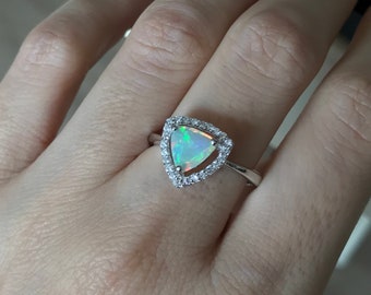 Triangle Opal Engagement Ring- Genuine Opal Promise Ring- Halo