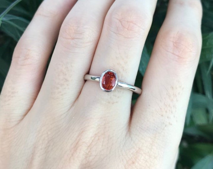 Dainty Genuine Citrine Silver Ring- Oval Orange Stack Bezel Ring- November Birthstone Ring for Children Teen