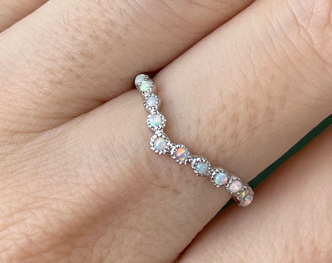 Rainbow Opal Womens Chevron Wedding Curve Band- Opal V Crown Nesting Contour Band- Full Eternity Arc Band- Iridescent Bohemian Band