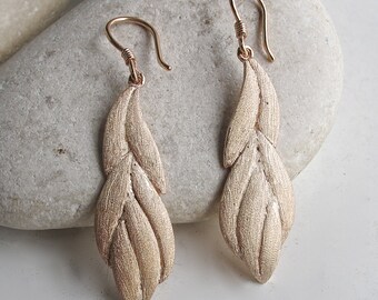 Leaf Dangle Long Silver Earring- Textured Leaf Rose Gold Drop Earring- Brushed Leaf Gold Earring- Nature Inspired Earrings