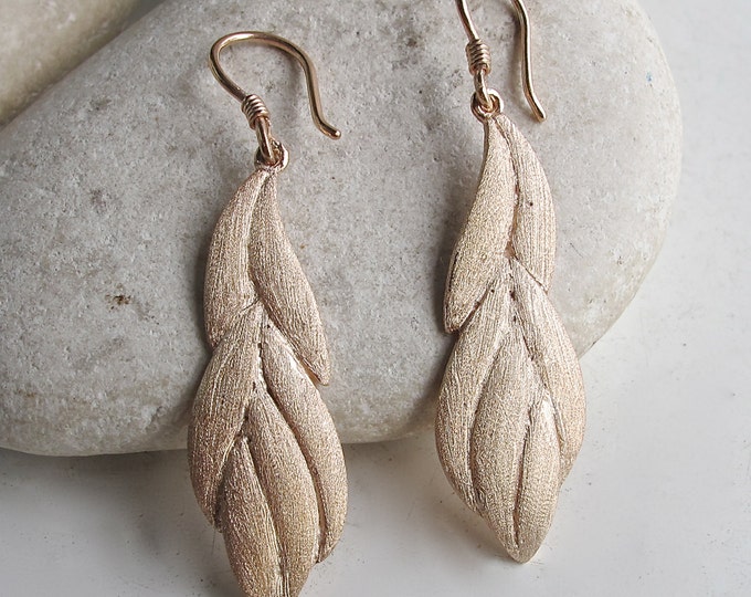 Leaf Dangle Long Silver Earring- Textured Leaf Rose Gold Drop Earring- Brushed Leaf Gold Earring- Nature Inspired Earrings