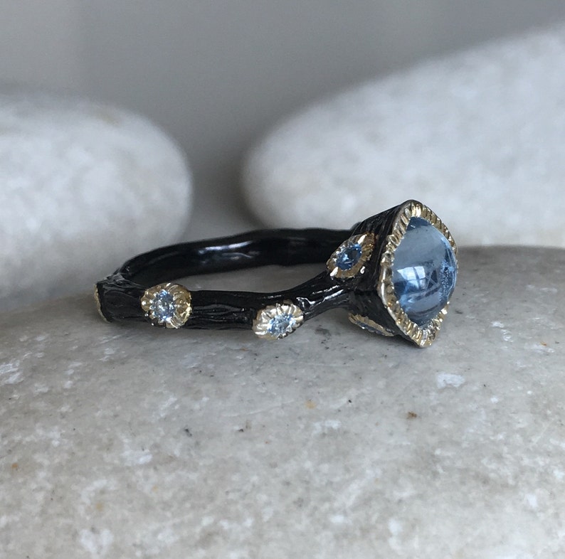 Unique Anniversary Ring Gemstone Promise Ring Black Engagement Ring Boho Bridal Ring Blue Topaz Ring December Birthstone Ring image 2