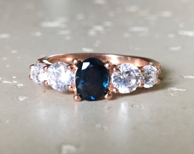 Rose Gold Sapphire Ring- Genuine Blue Sapphire Engagement Ring- Promise Ring for Her- September Birthstone Ring- Five Stone Rose Gold Ring