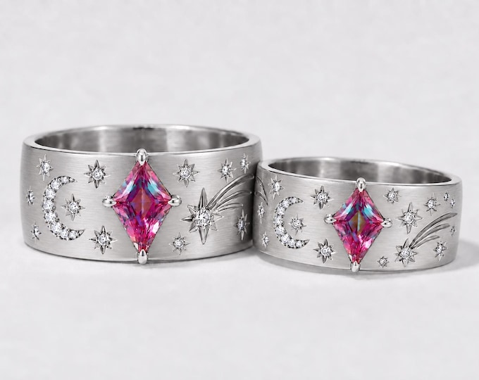 Kite Alexandrite Celestial Moon and Shooting Star His & Hers Wedding Bands