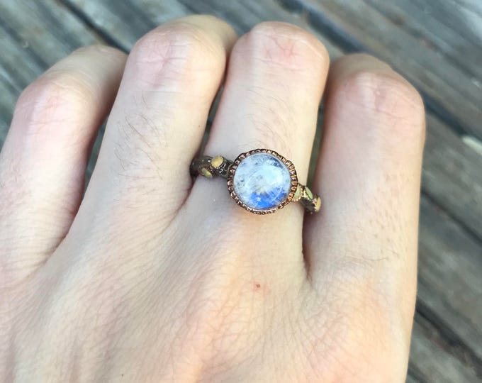 Moonstone Statement Oxidized Ring- Tree Branch Rainbow Moonstone Ring- MultiStone Birthstone Black Ring- Unique Gemstone Solitaire Ring