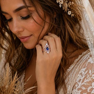 Teardrop Dark Blue Sapphire Halo Bridal 3 Sterling Silver Ring Set