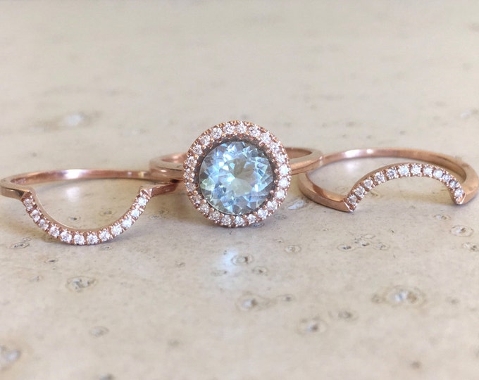 1.25ct Round Genuine Large Aquamarine Engagement 3 Ring Set- 7mm Light Blue Aquamarine Halo Diamond Anniversary Ring- March Birthstone Ring