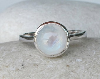 Natural 9mm Round Moonstone Boho Silver Ring- Genuine Rainbow Moonstone Simple Ring- Smooth Cabochon Moonstone Ring- June Birthstone Ring