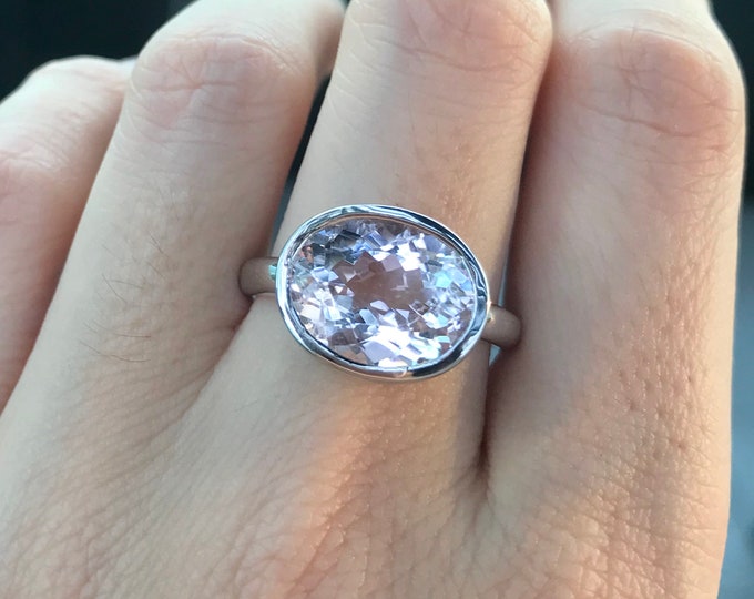 Morganite Pink Purplish Oval Ring- Large Morganite Solitaire Ring- Simple Morganite Engagement Ring- Silver Morganite 12mm x 10mm Bezel Ring