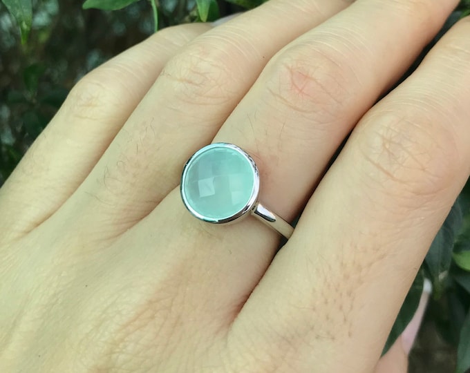 Genuine Blue Chalcedony Round Silver Ring- Natural Chalcedony Light Milky Blue Ring- Simple Blue Ring- Solitaire Aquamarine Gemstone Ring