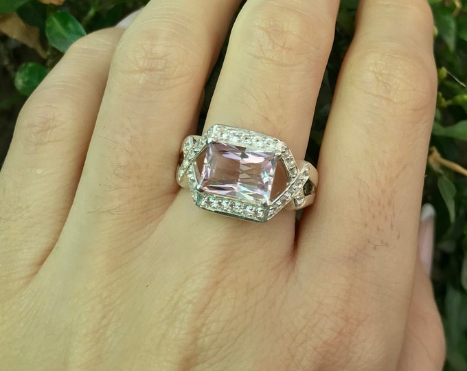 Emerald Cut Rectangle Morganite Deco Ring- Purple Pink Morganite Double Shank Solitaire Ring- Morganite Engagement Ring