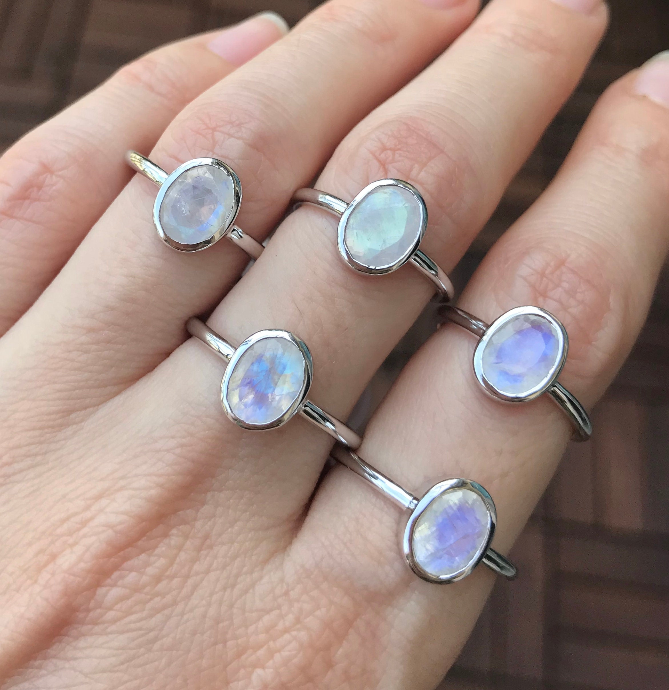 Moonstone Oval Stack Ring- Facet Rainbow Blue Moonstone Ring- Simple ...