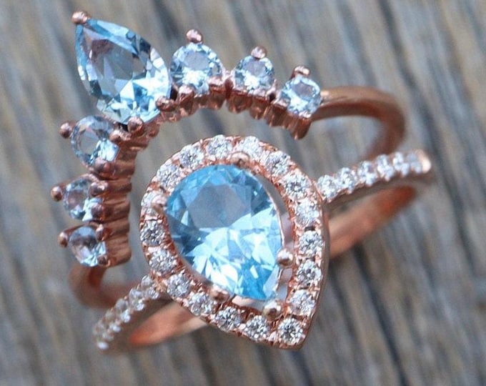 Teardrop Blue Topaz Halo Engagement 14k Gold Ring Set- Light Blue Gemstone Ring -Solid 18k Real Gold Anniversary Ring- Romantic Gift for Her