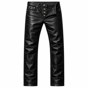 May include: Black pants with a coated, leather-like finish. These trousers feature a classic five-pocket design, a button-fly closure with four visible metallic buttons, and metallic rivets at the pocket corners, showcasing a straight-leg cut.