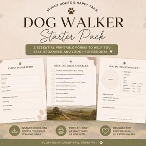 Peut inclure: Un kit de démarrage pour promeneur de chiens comprenant trois formulaires imprimables : une fiche client, une liste de contrôle de rencontre et une fiche d'information sur le chien. Documents beiges avec texte brun et motifs de pattes.