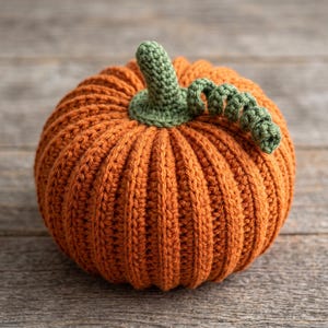 Puede incluir: Una calabaza redonda de ganchillo color naranja con textura acanalada vertical. La parte superior de la calabaza tiene un tallo de ganchillo verde sólido y un zarcillo rizado de ganchillo verde que se extiende hacia el lado derecho.