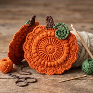 May include: Two round, orange crocheted pumpkin coasters featuring a textured, scalloped edge, a brown stem, and a green curly vine. The set includes a small ball of orange yarn, a ball of green yarn, a wooden crochet hook, and metal scissors.