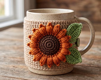 Sunflower Crochet Mug Cozy Pattern, Pumpkin Spice Fall Coffee Sleeve (PDF)