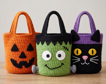 Crochet Halloween Treat Bag Pattern, Pumpkin, Frankenstein, Black Cat (Digital PDF)