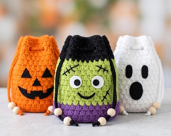 Crochet Halloween Treat Bag Pattern, Frankenstein, Pumpkin, Ghost (PDF)