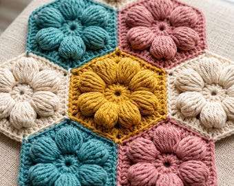 6-Petal Puff Flower Crochet Pattern, Join-As-You-Go Motif (Digital Download)
