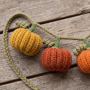 May include: A crochet garland featuring three small pumpkins in shades of mustard yellow and burnt orange. Each pumpkin has a green stem and a small curled vine attached to a braided green yarn cord that connects the pumpkins together.