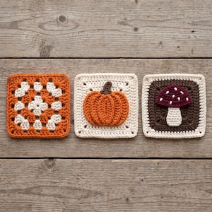 Può includere: Tre sottobicchieri quadrati all'uncinetto. Il primo è un granny square arancione e crema. Il secondo è un quadrato color crema con un'applicazione a forma di zucca arancione. Il terzo è un quadrato marrone scuro con un fungo bordeaux e bianco.