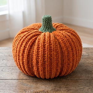 May include: A round, plush pumpkin crafted from thick, textured orange yarn. The pumpkin features deep vertical ridges and a short, cylindrical stem made of solid green yarn, creating a soft, rounded shape with a distinct, tactile surface.