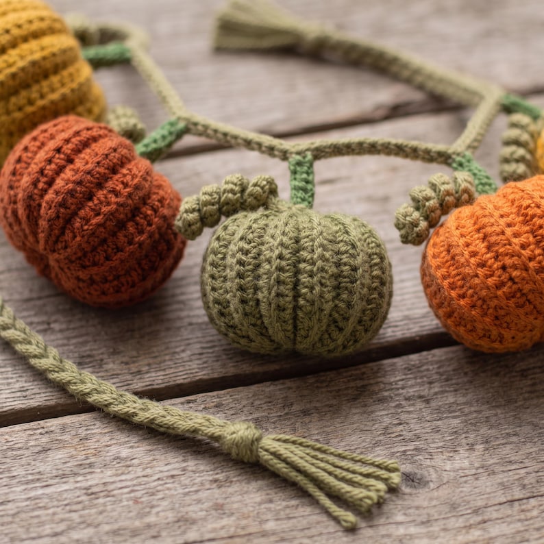 May include: A crochet garland featuring multiple stuffed pumpkins in shades of mustard yellow, burnt orange, and olive green. The pumpkins are connected by a braided green yarn cord with small curly tendrils and finished with tasseled ends.