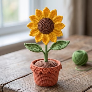 Op de afbeelding: Een gehaakte zonnebloem met felgele bloemblaadjes en een donkerbruin hart, bevestigd aan een groene steel met twee bladeren. De bloem staat in een terracotta-kleurige gehaakte pot met een geschulpte rand en een bruine gehaakte bovenkant.