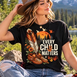 Unisex t-shirt Every Child Matters Indigenous Feather Moccasin Native Heritage Design