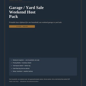 May include: A dark blue printable Garage / Yard Sale Weekend Host Pack by Harbor Lane Press. The document includes 12 undated pages, featuring a weekend snapshot, pricing blanks, inventory sheets, yard layout sketch, sticker log, and cash float log.