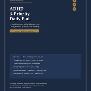 Puede incluir: Un bloc de notas diario ADHD 3-Priority de Harbor Lane Press en azul oscuro. Incluye tres líneas de prioridad numeradas, una sección de estacionamiento y una casilla para el final del día. Tamaño carta, 21,59 x 27,94 cm, sin fecha.