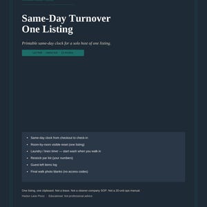 Könnte beinhalten: Ein dunkelblaues, druckbares Dokument mit dem Titel Same-Day Turnover One Listing von Harbor Lane Press. Es enthält eine Aufgabenliste wie eine Tagesuhr, eine raumweise Rücksetzung, einen Wäsche-Timer, eine Bestandsliste und ein Logbuch für Fundsachen.
