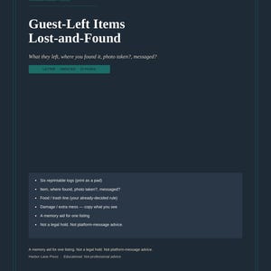 May include: A dark blue digital document titled Guest-Left Items Lost-and-Found by Harbor Lane Press. It includes a list of six printable logs, item tracking fields, and notes on food, trash, and damage. The document measures 8.5 x 11 inches.