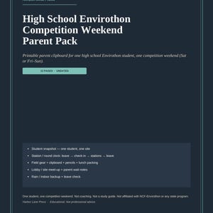 以下が含まれることがあります： Harbor Lane Pressによる高校生向けEnvirothon競技週末用保護者パック。ダークブルーの印刷可能なドキュメントで、12ページ構成、日付なし、サイズは21.59 x 27.94 cm。学生スナップショット、ステーション、フィールドギア、ロビー、雨天時バックアップに関するメモのリストが含まれています。