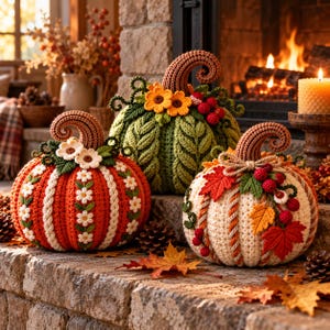 May include: Three handcrafted crochet pumpkins in orange, green, and cream. Each features a textured stem, decorative floral or leaf embellishments, and intricate stitching. The orange pumpkin has white flowers, the green has yellow flowers, and the cream has red and yellow leaves.